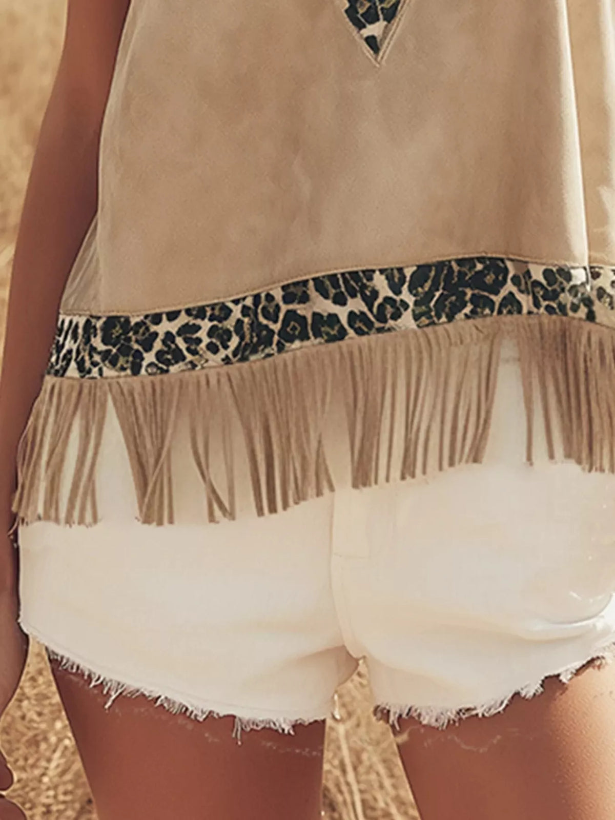 Fringed Leopard V-Neck Tank - Tan - View 5