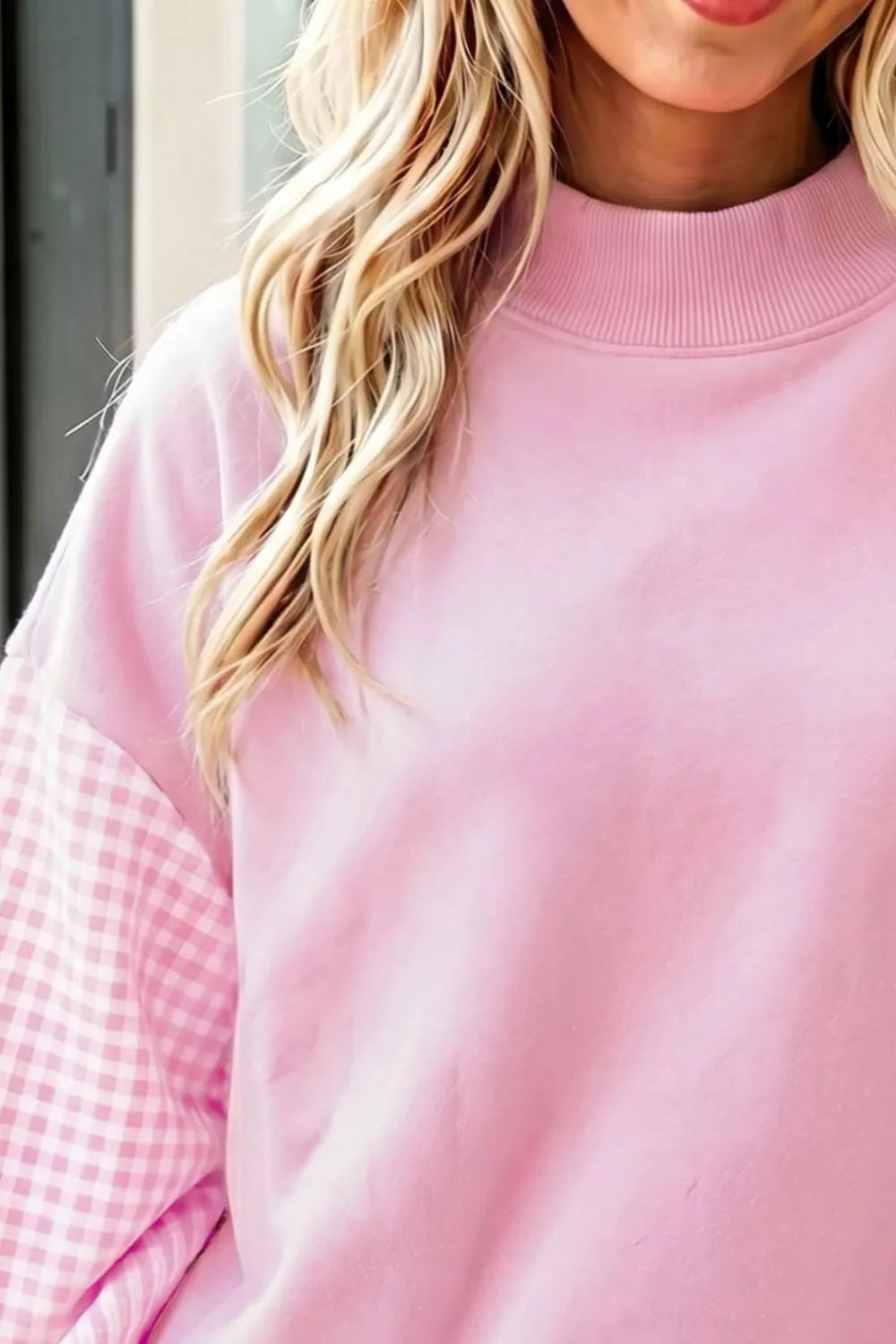 Plaid Sleeve Colorblock Loose Tunic Sweatshirt - Blush Pink - View 3