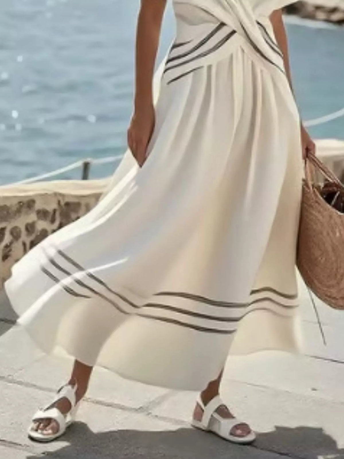 Full Size Striped Surplice Half Sleeve Midi Dress Plus Size - White - View 3