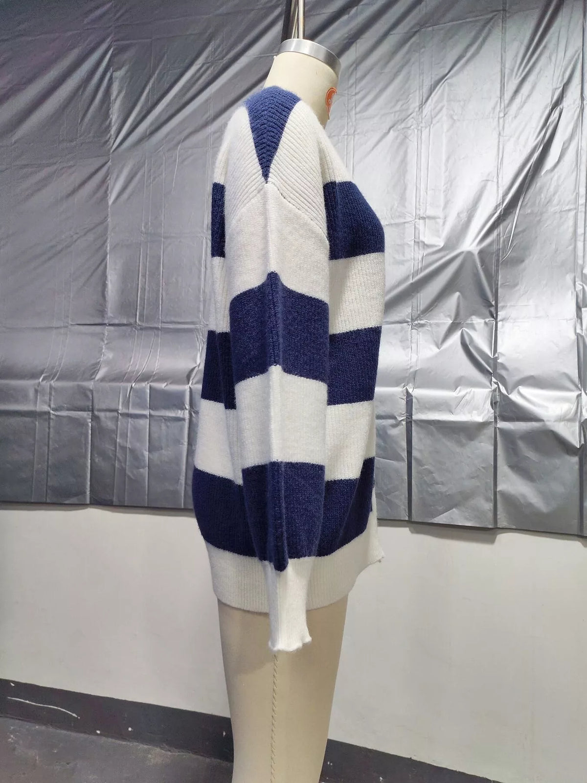 Striped V-Neck Button-Down Cardigan - Navy - View 13