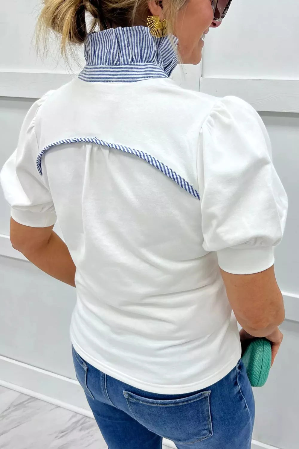 Striped Collar Puff Sleeve Blouse - White - View 6