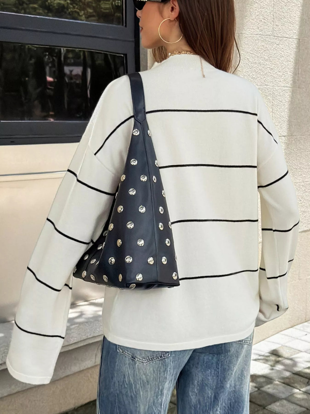 Striped Mock Neck Sweater - Black And White Stripes - View 5