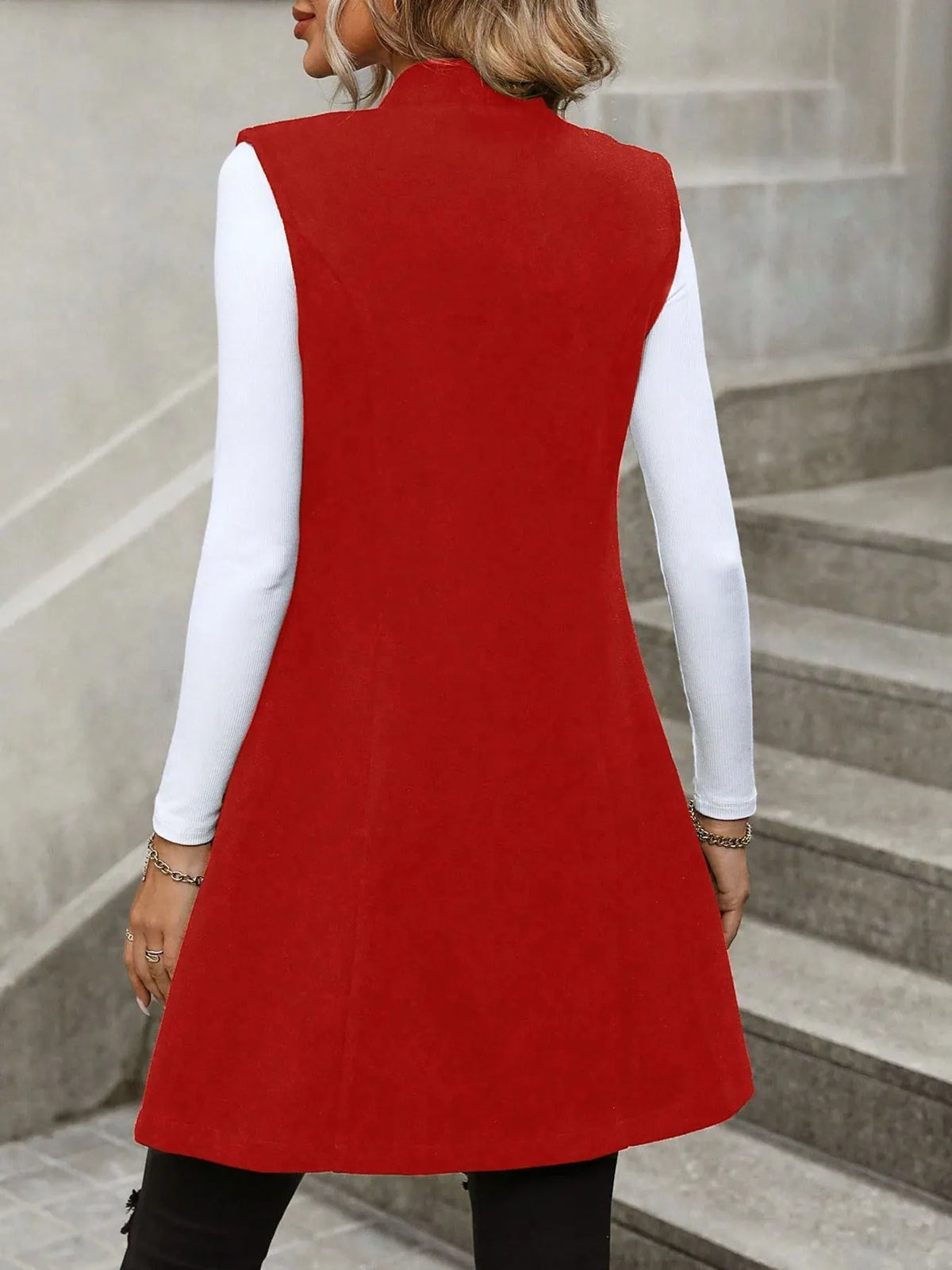 Button Up Longline Vest Coat - Red - View 12