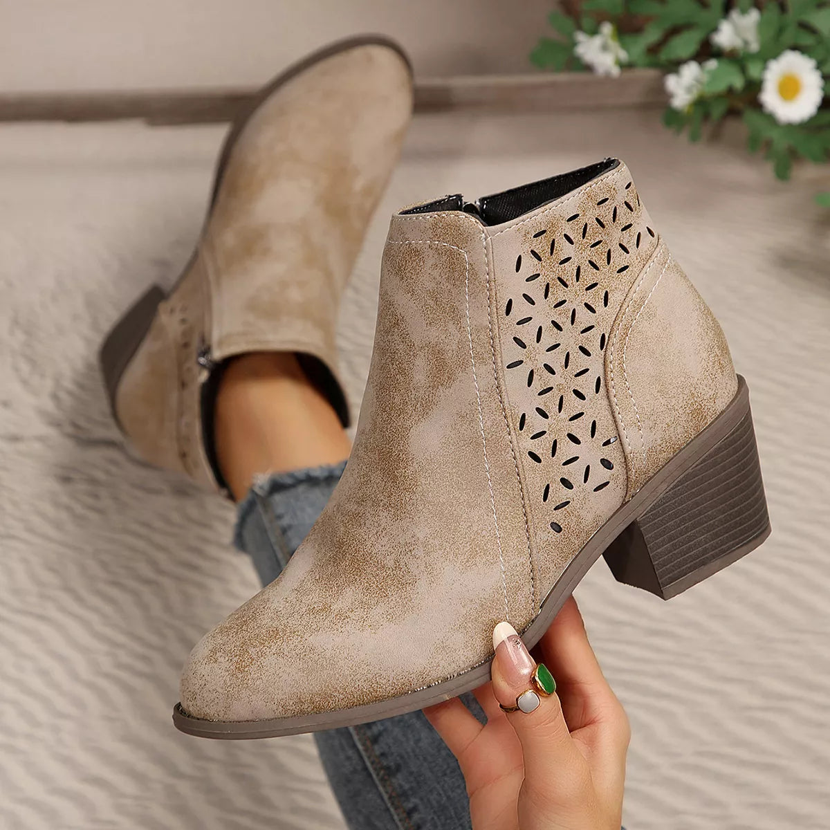 Point Toe Block Heels Boots - Beige - View 9