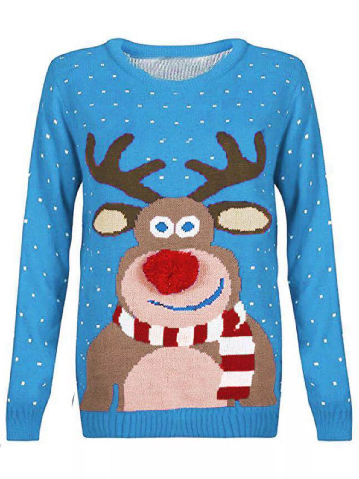 Christmas Reindeer Graphic Round Neck Sweater - Blue - View 1