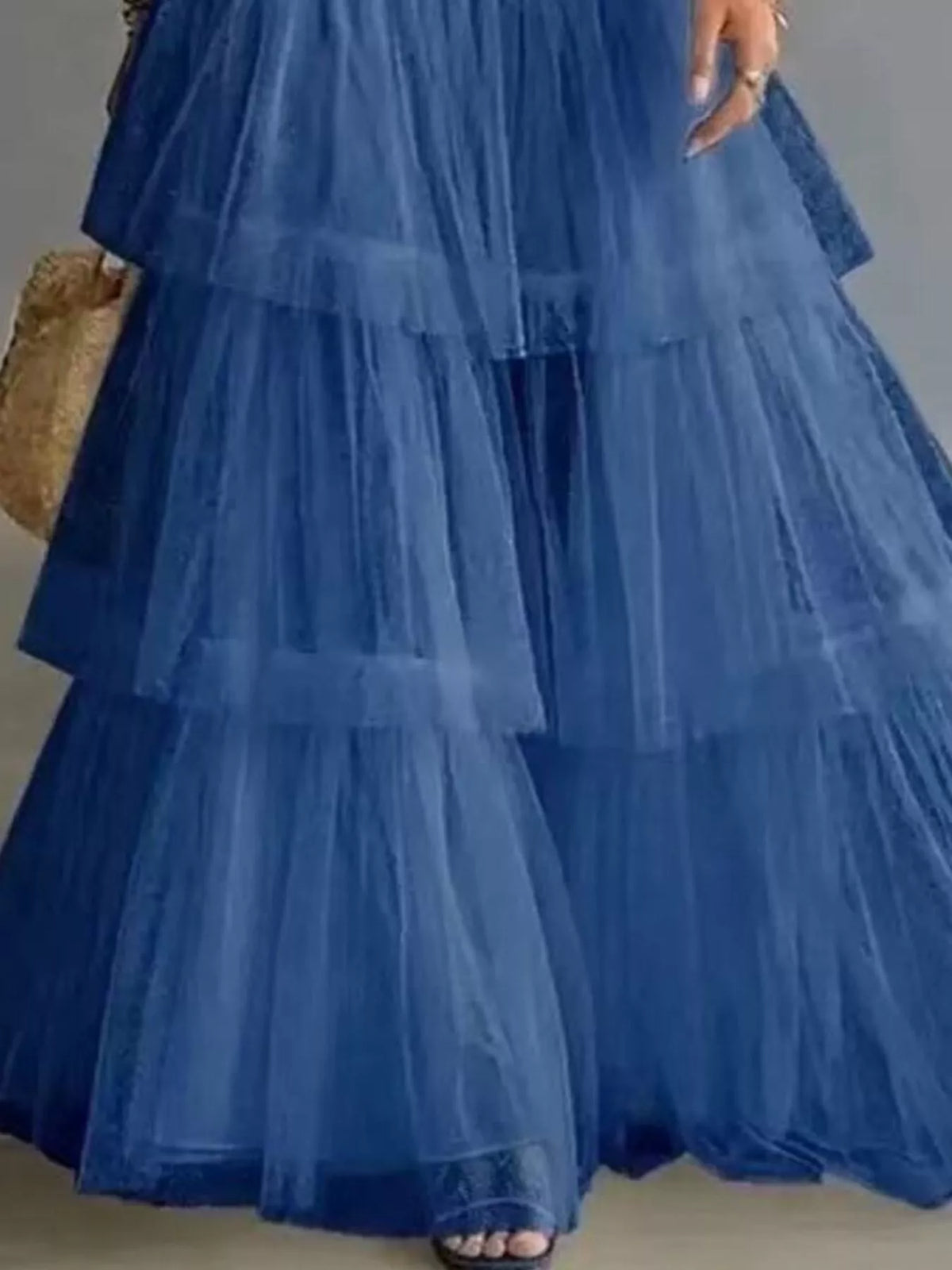 High-Waisted Button-Front Denim and Tulle Maxi Skirt - Peacock Blue - View 6
