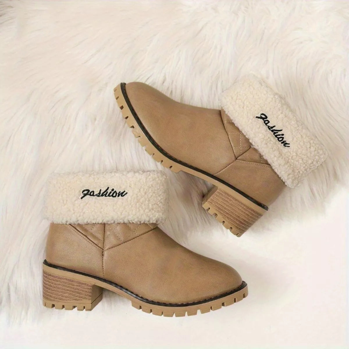 Round Toe Block Heels Boots - Khaki Color - View 2