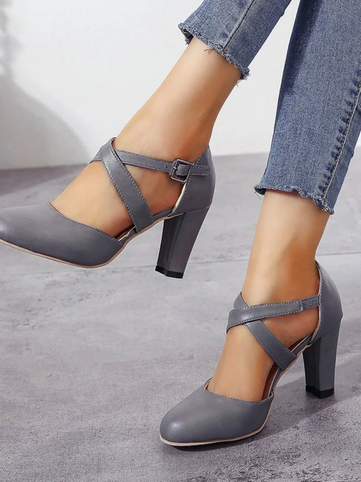Cross-Strap Block Heel Pumps - Gray - View 7