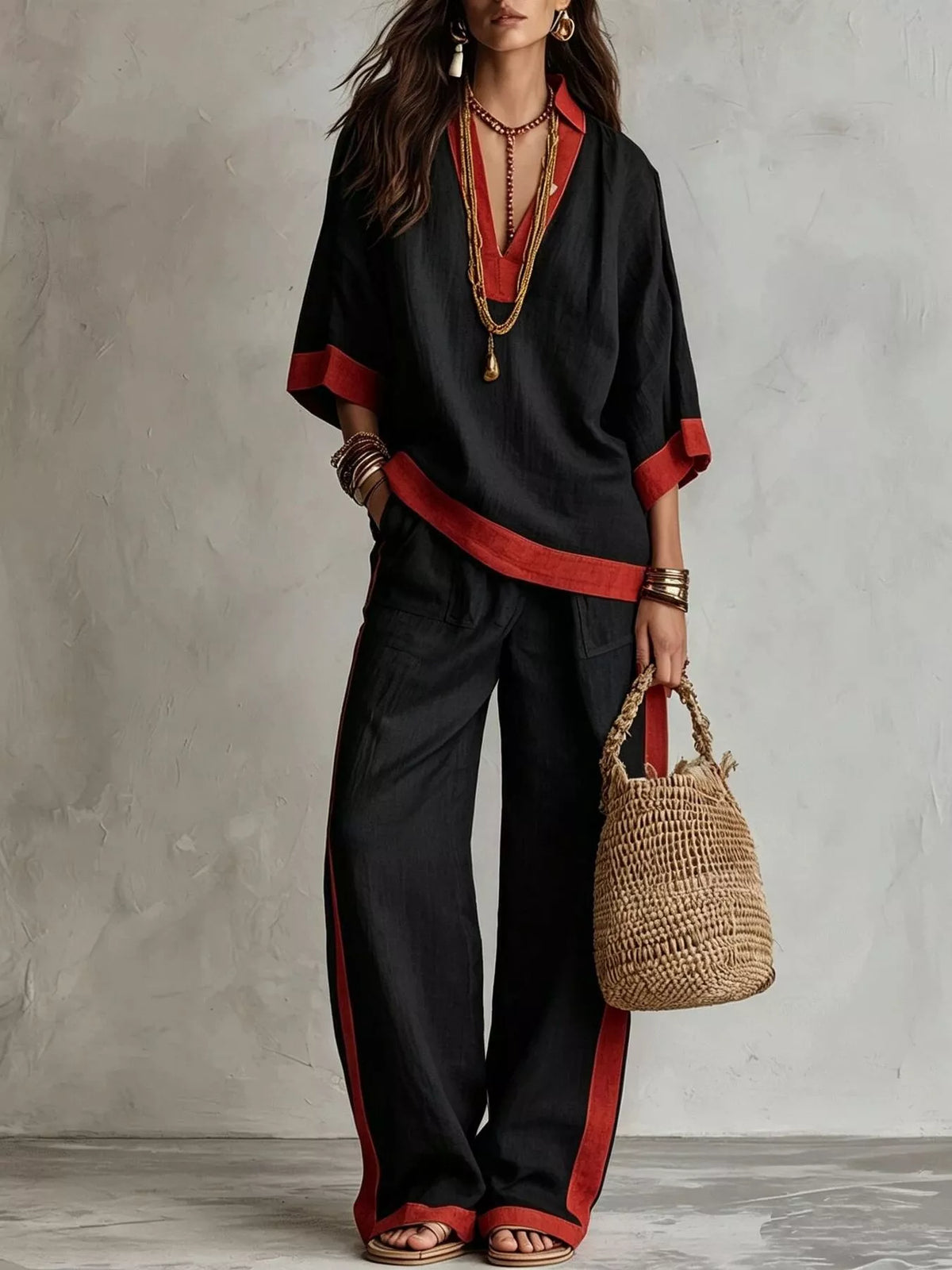 Full Size Contrast Trim Top and Wide Leg Pants Set Plus Size - Black - View 3