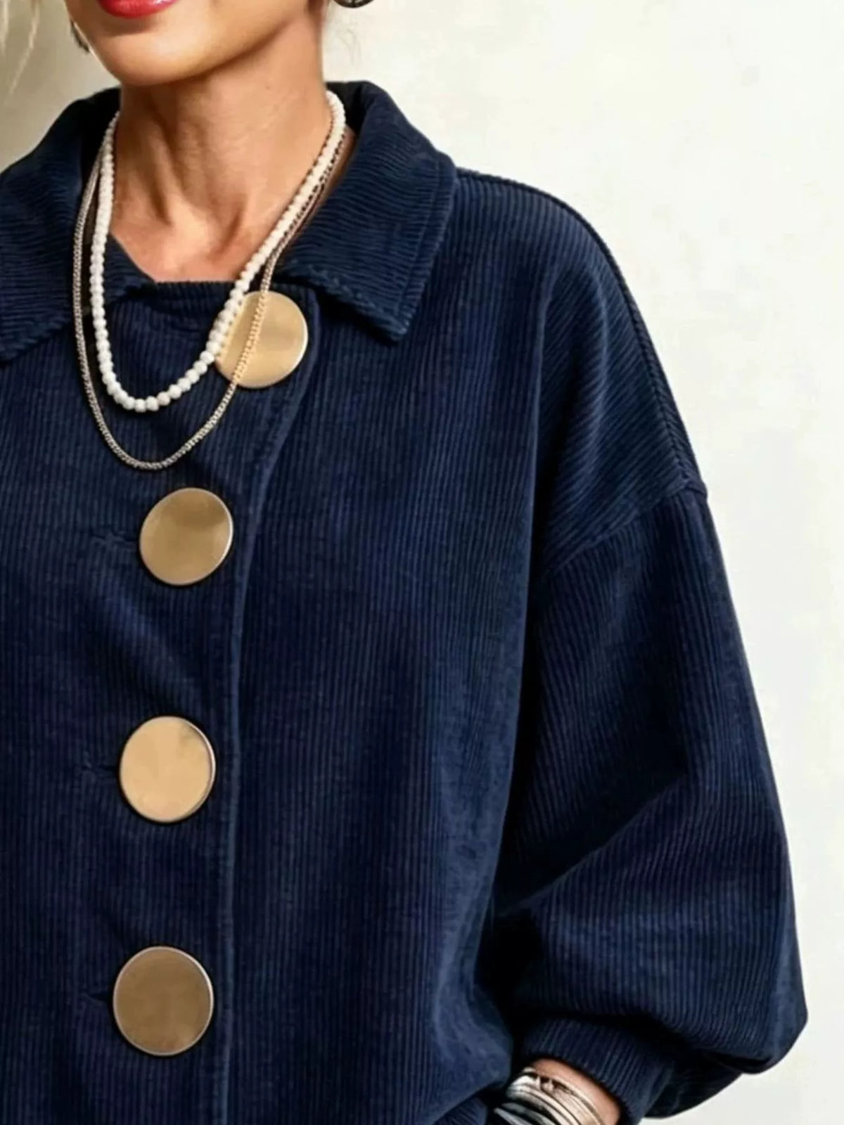 Full Size Corduroy Button-Down Jacket Plus Size - Navy - View 12