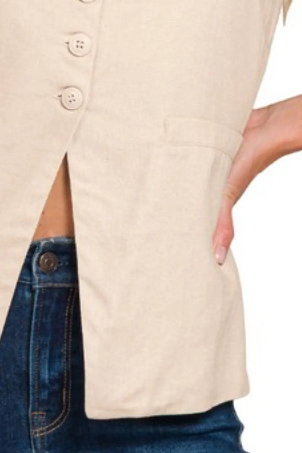 Zenana Linen Tie-back 4-button Vest with Lining - SAND BEIGE - View 3