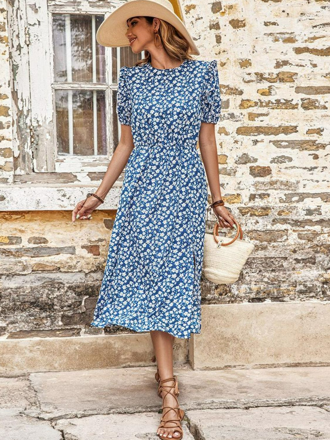 Perfee Floral Round Neck Split Midi Dress - Blue - View 5