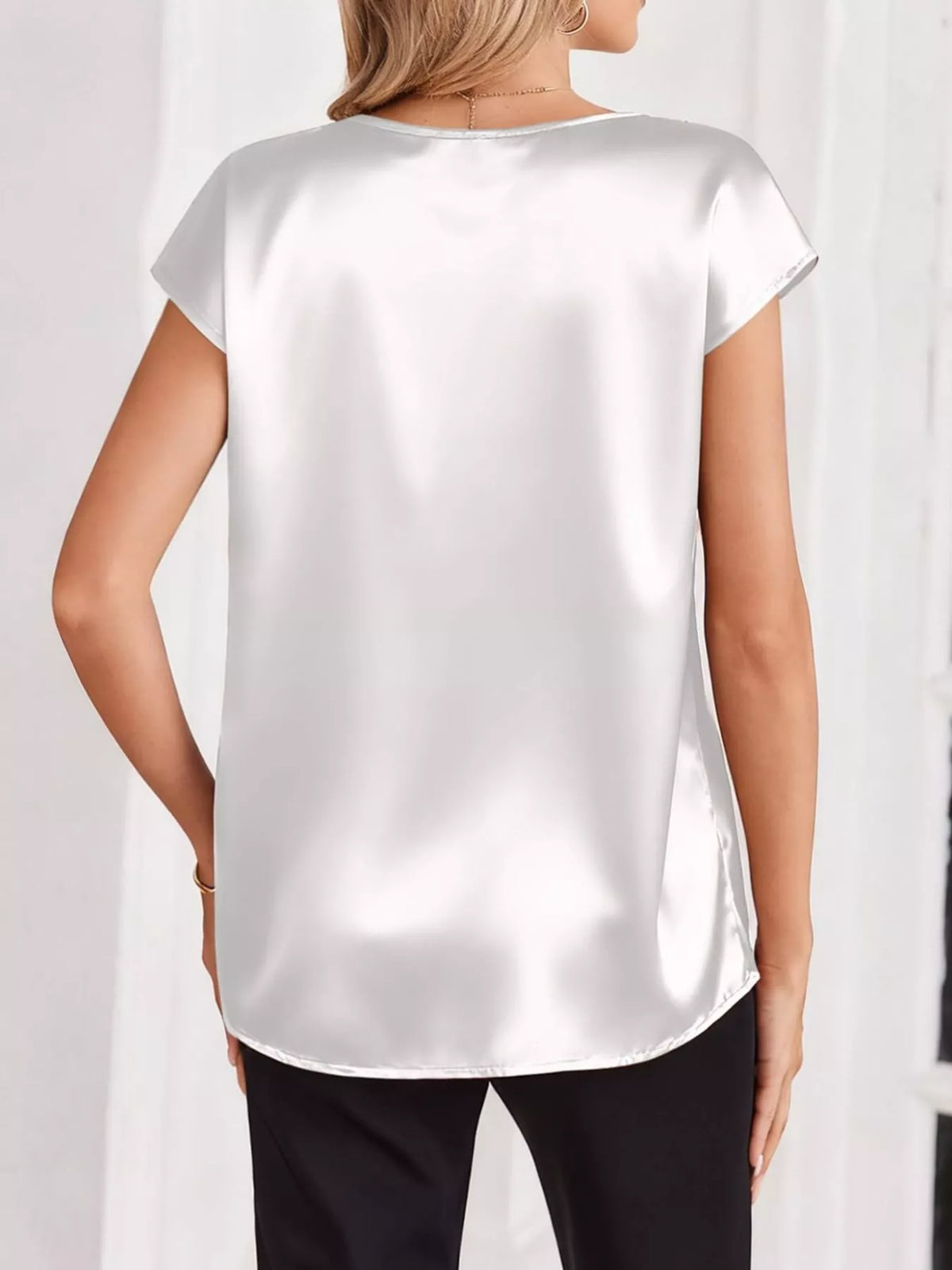 Satin V-Neck Cap Sleeve Blouse - White - View 24