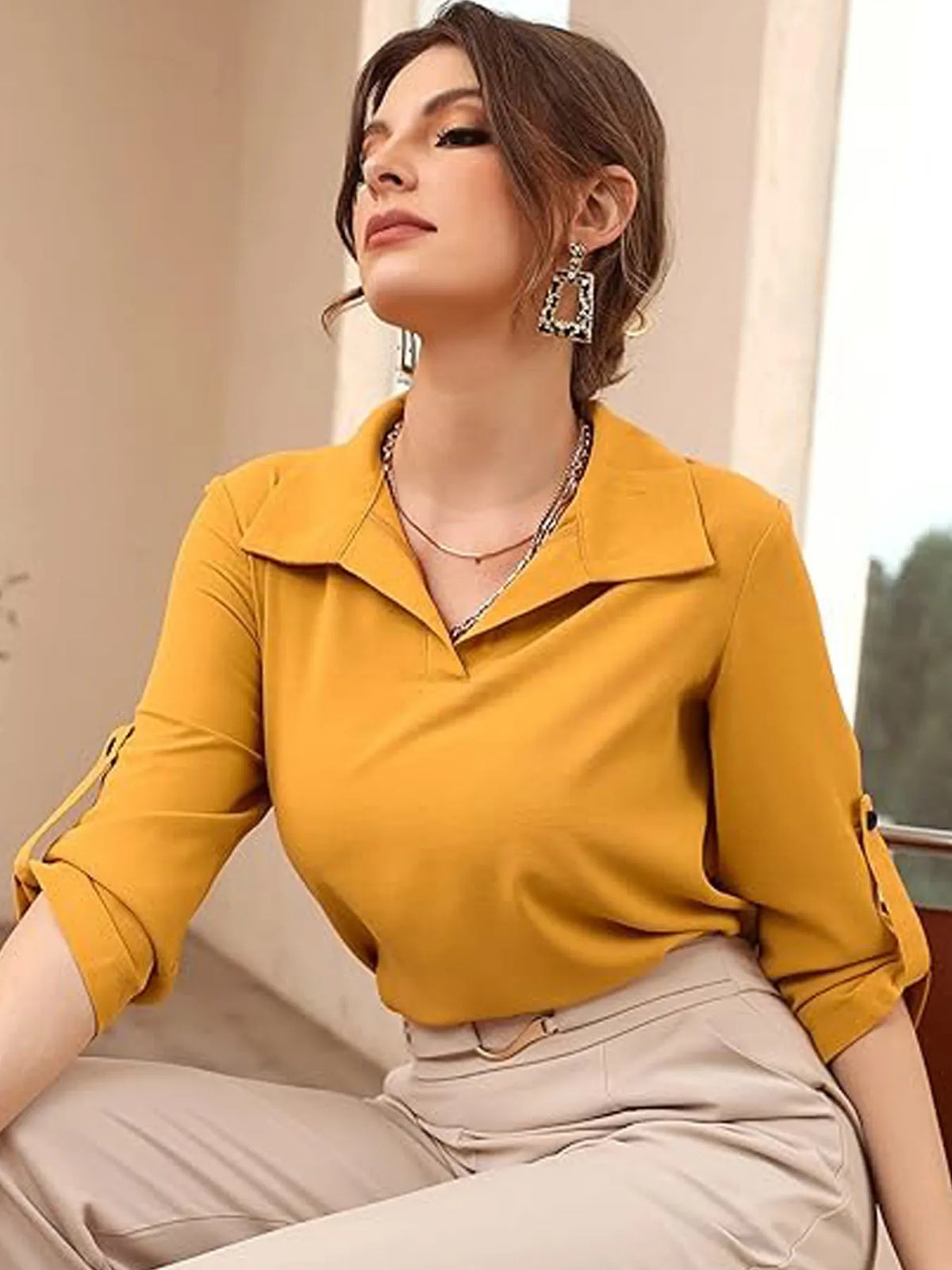 Collared Neck Half Sleeve Blouse - Yellow - View 6
