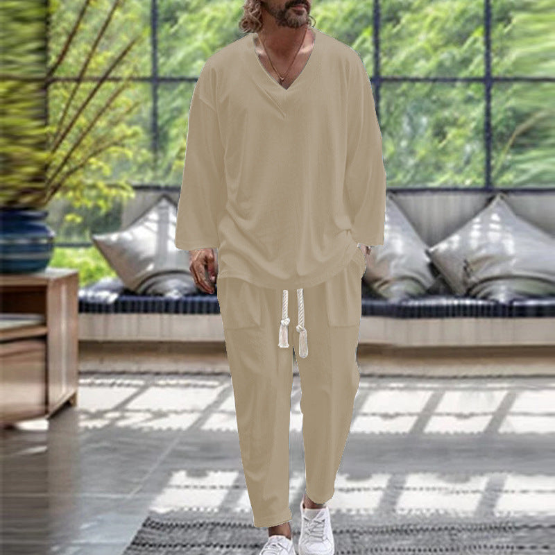 V-neck shirt casual loose long sleeved long pants beach set