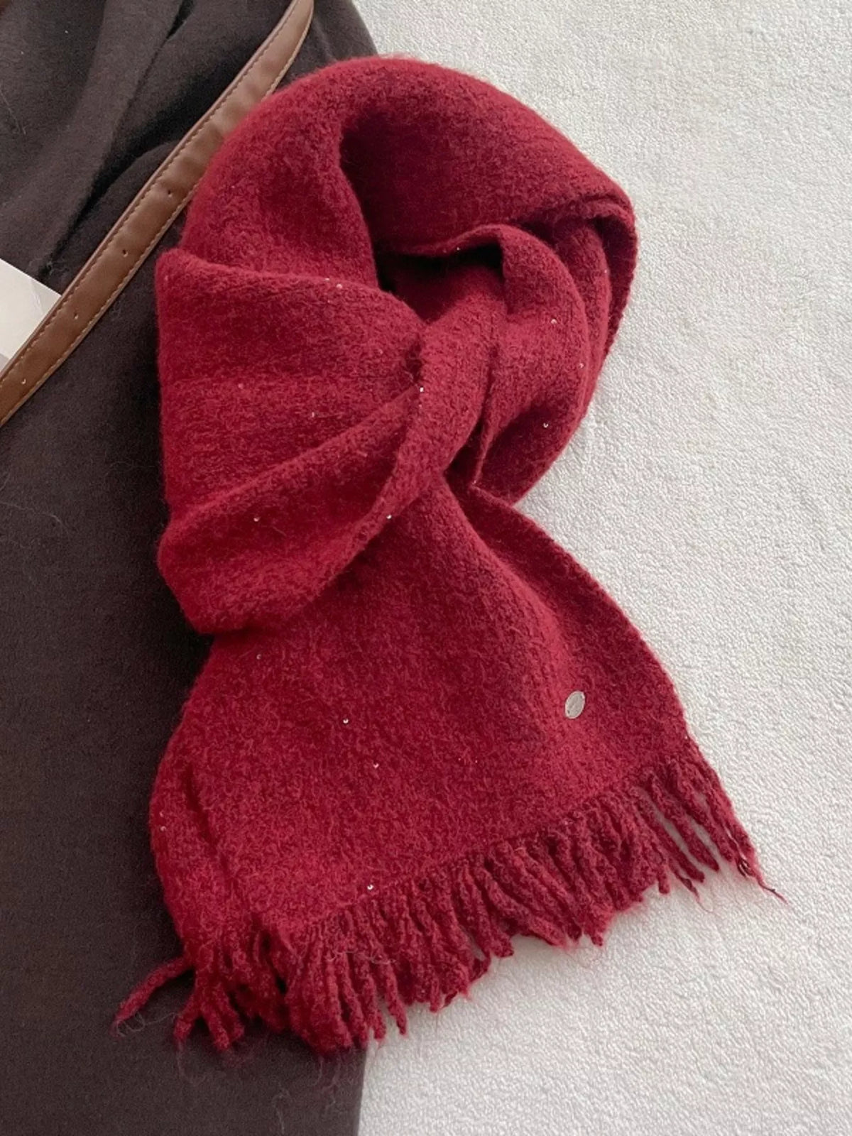 Fringe Hem Knitted Scarf - Red - View 6