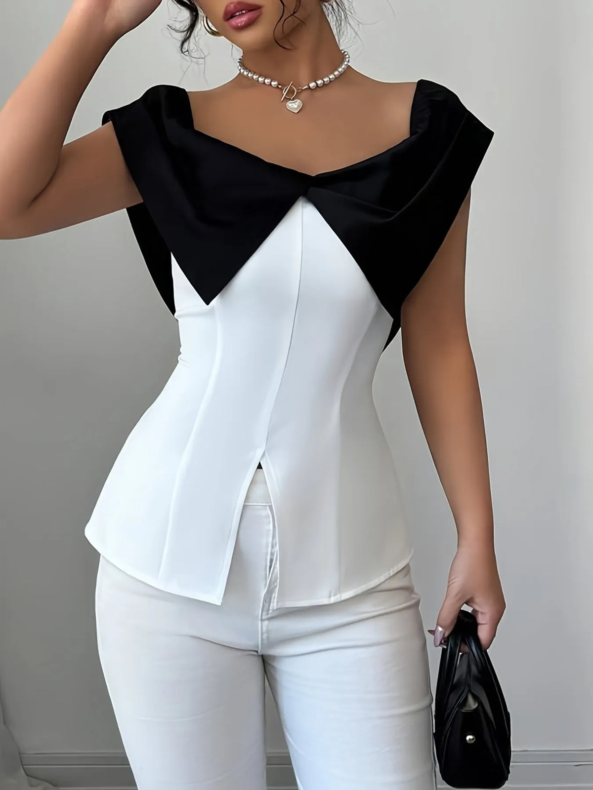 Slit Contrast Cap Sleeve Blouse - White - View 8