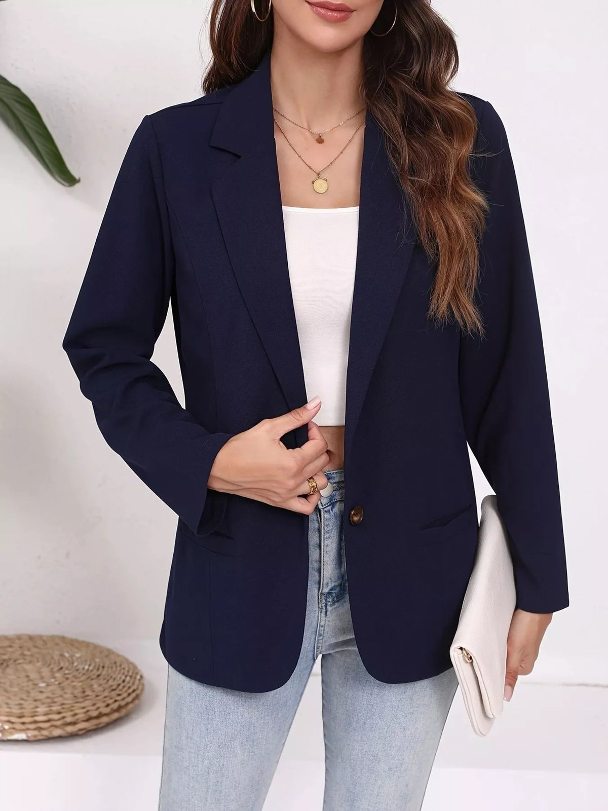 Plus Size Lapel Collar Single-Button Blazer - Navy Blue - View 11