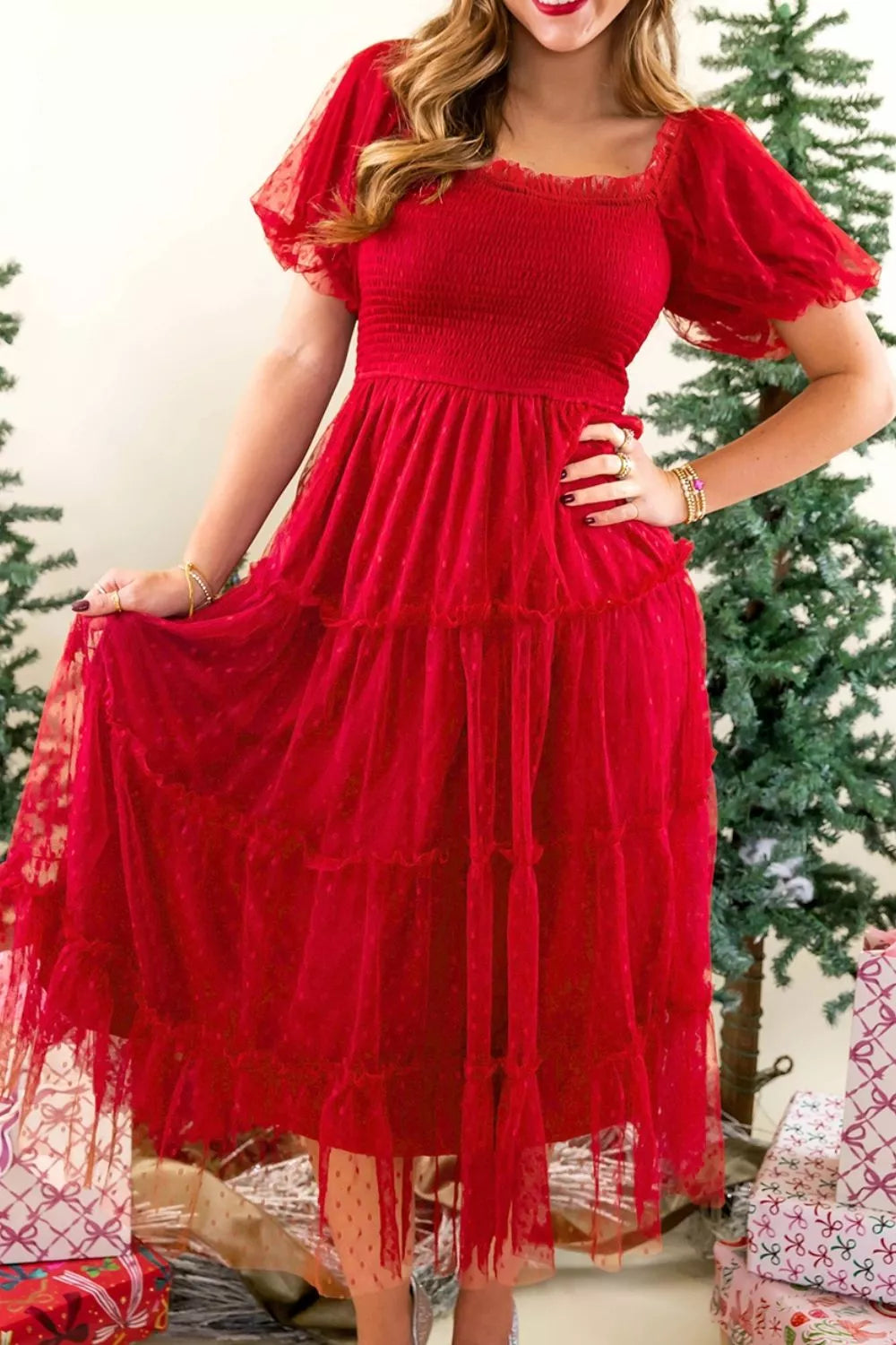 Swiss Dot Tulle Smocked Midi Dress - Red - View 3