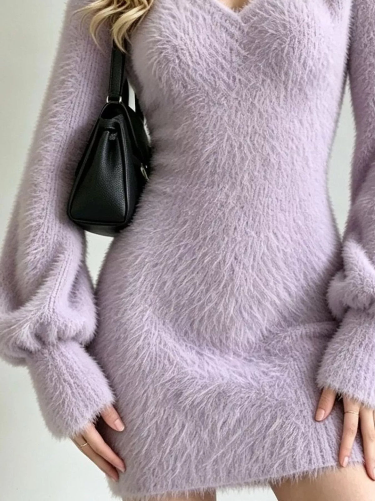 Fuzzy V-Neck Long Sleeve Sweater Dress - Lilac - View 15