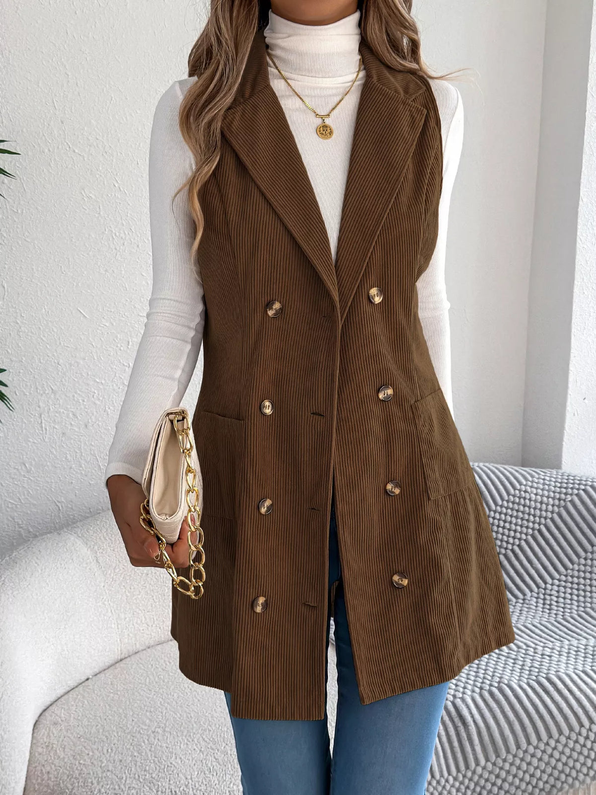 Double-Breasted Long Vest Coat - Coffee Brown - View 17