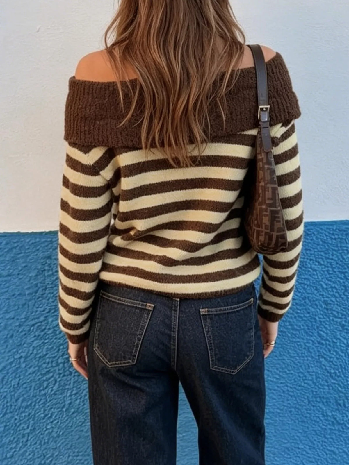 Off-Shoulder Striped Knit Top - Coffee Brown - View 6