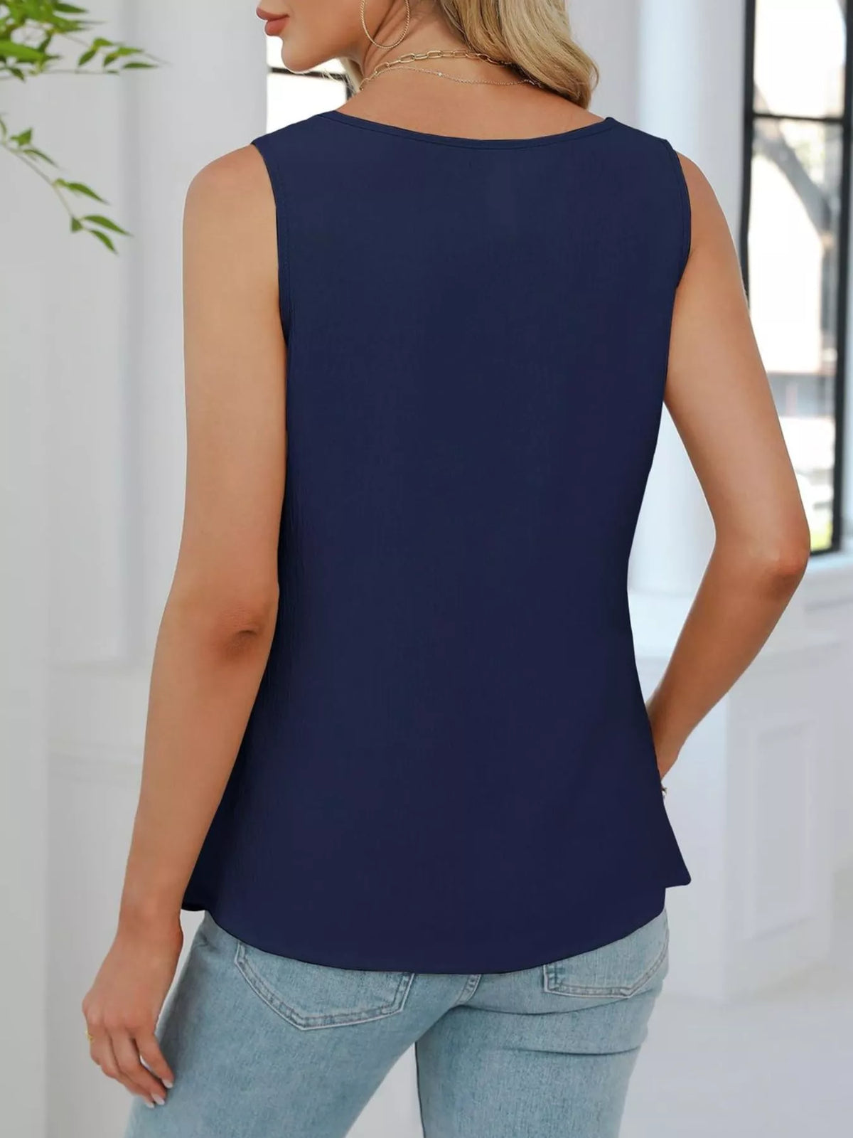 V-Neck Pleated Tank - Navy Blue - View 9