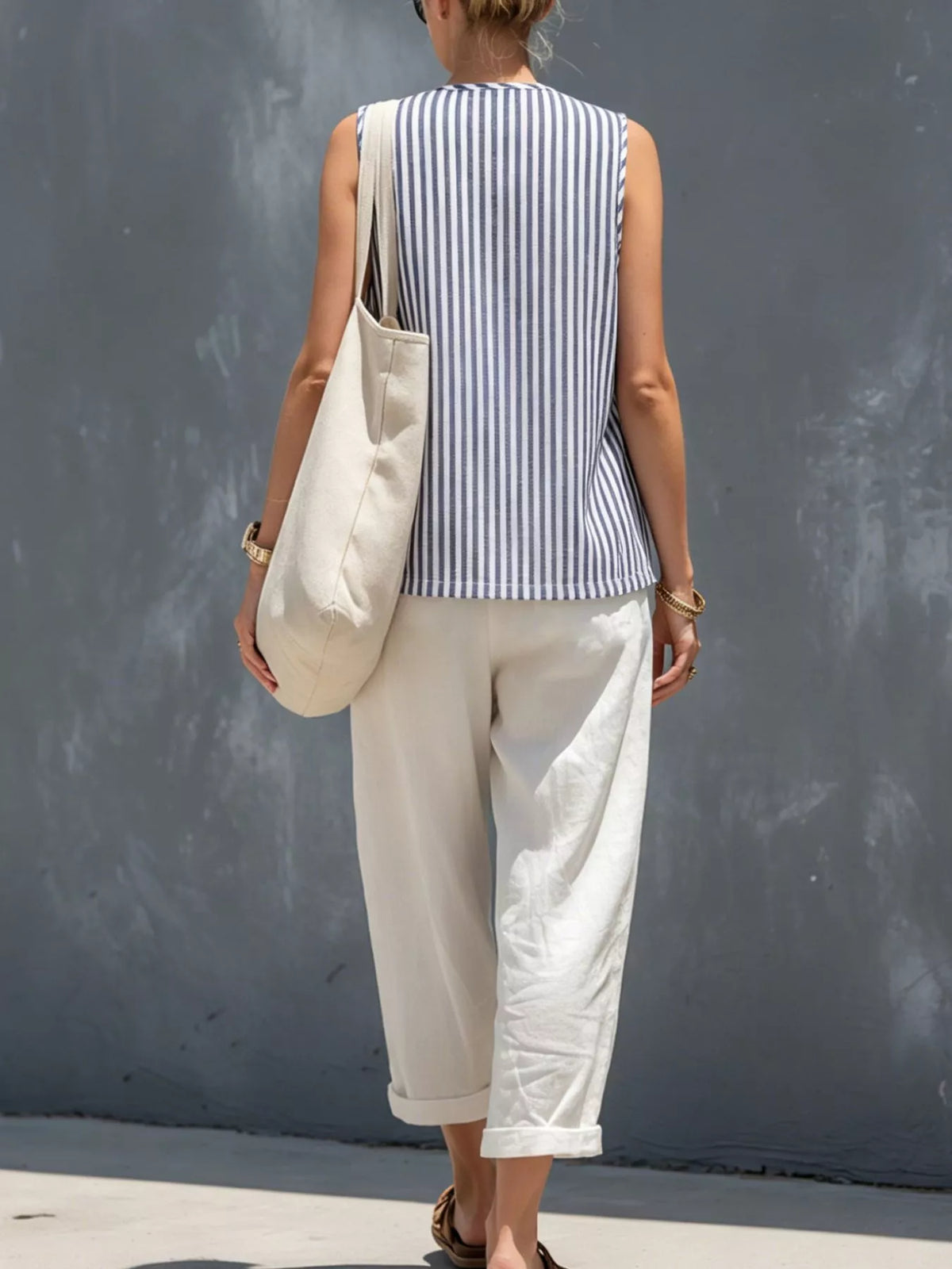 Striped Button Down Vest and Pants Set - Blue - View 4