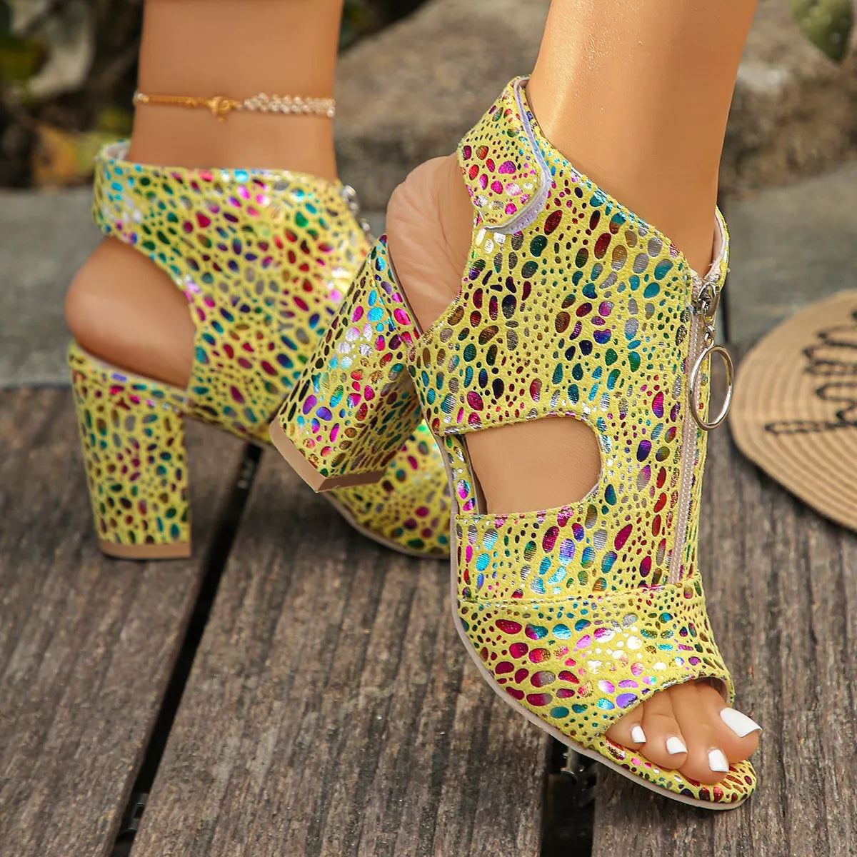 Open Toe Block Heels Sandals - Yellow - View 6