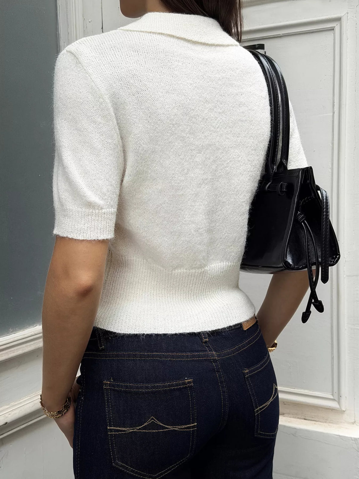 Button Front Short Sleeve Sweater - Beige - View 2