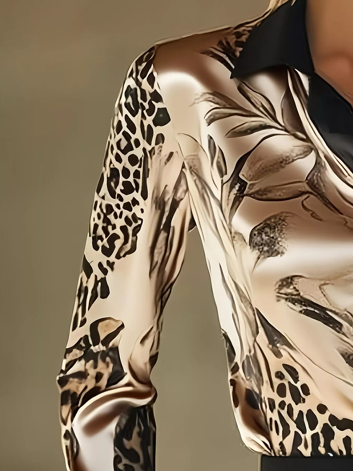 Satin Leopard Button Up Shirt - Gold - View 6