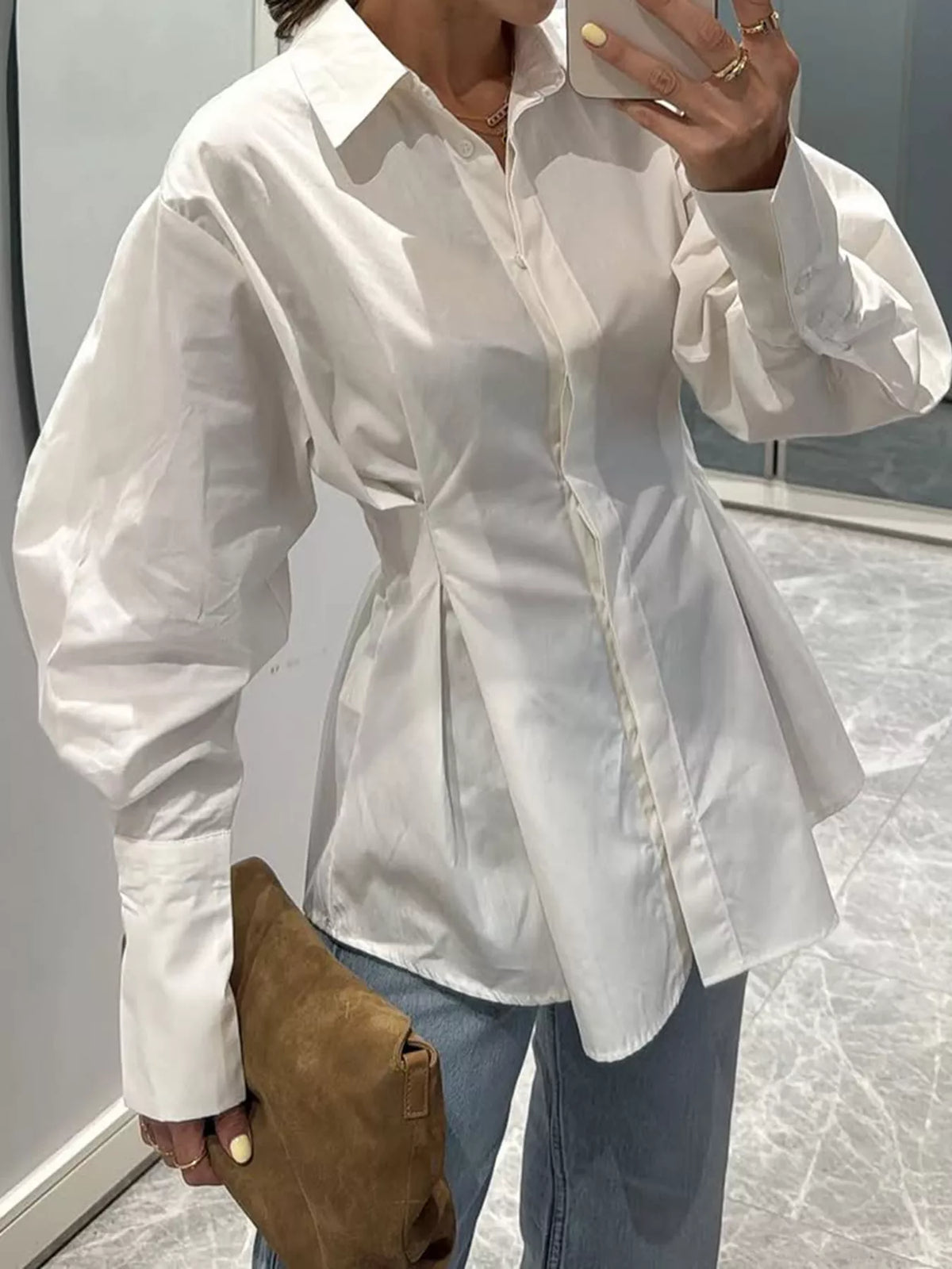 Button-Down Lantern Sleeve Shirt - White - View 4