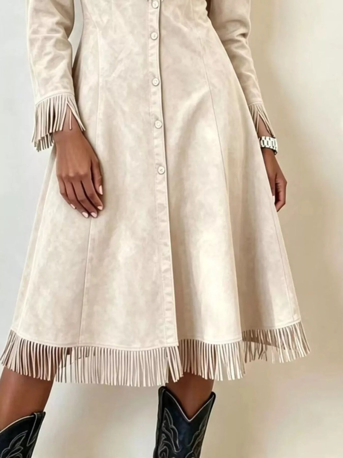 Full Size Fringed Button-Down Outerwear Plus Size - Beige - View 1