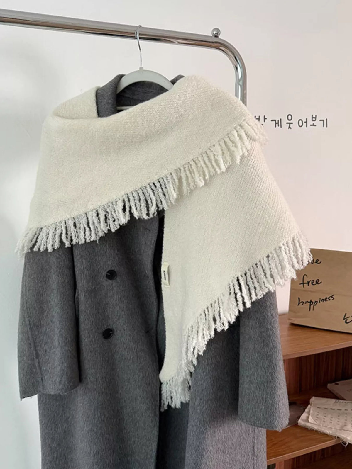 Fringe Trim Knit Scarf - Off-white - View 7