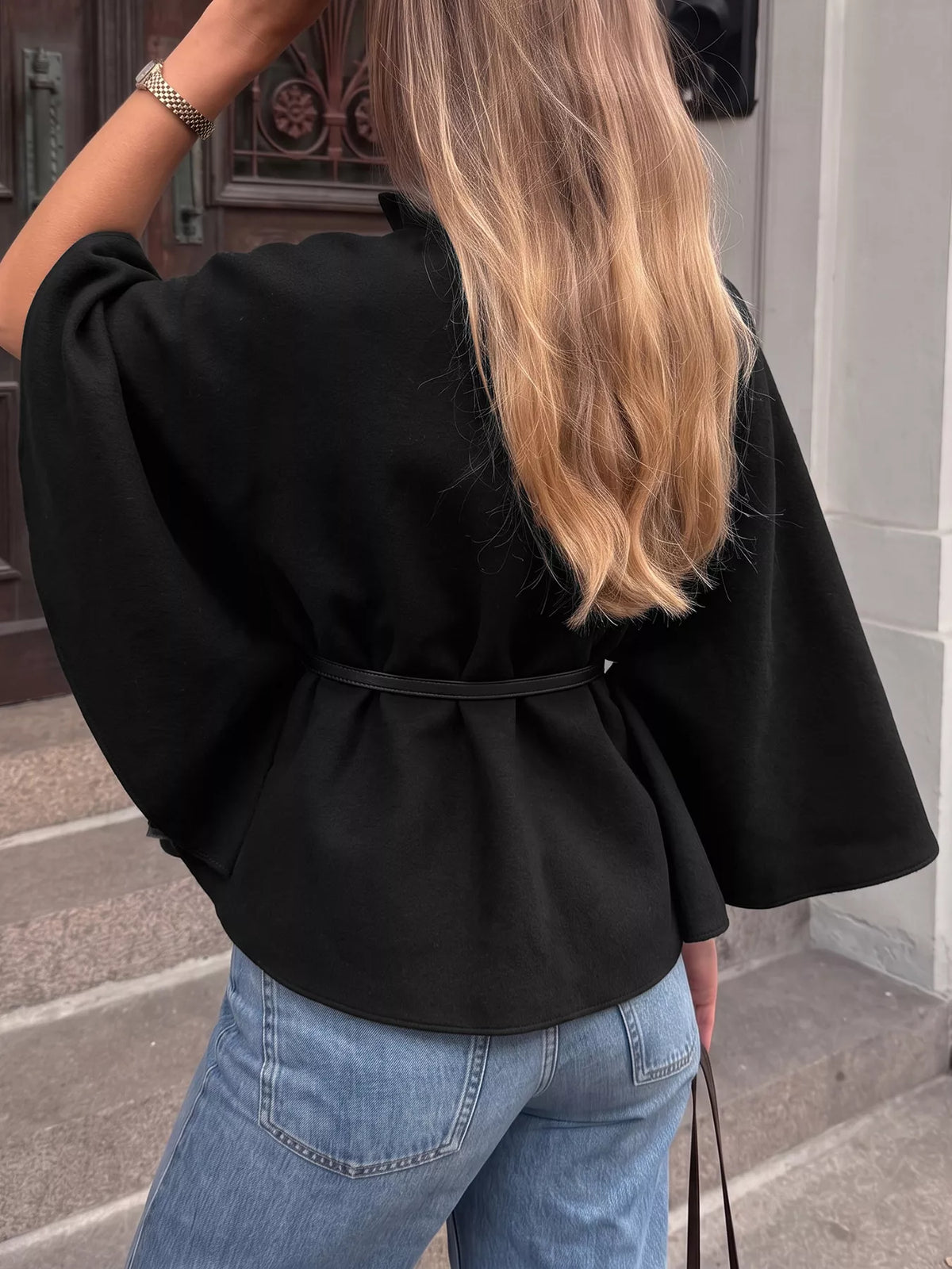 Stand Neck Cape Coat - Black - View 5