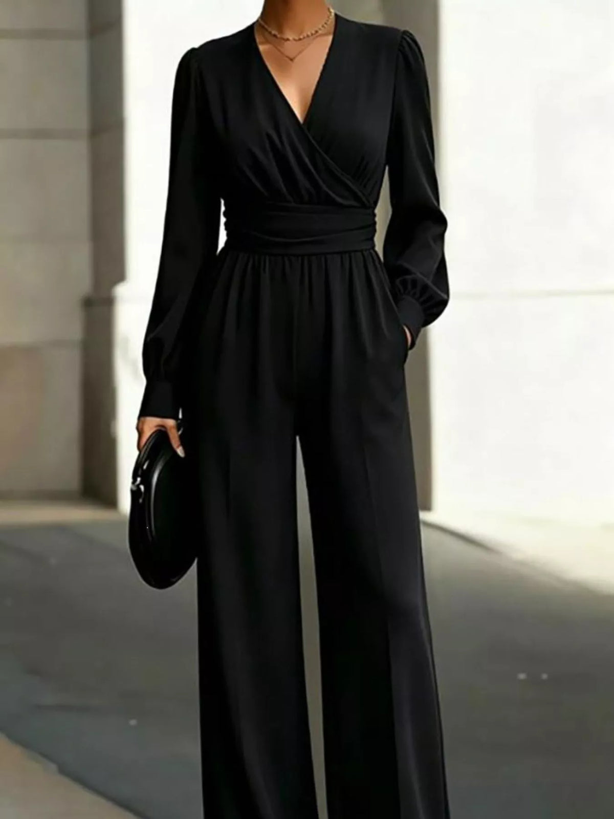 Surplice Long Sleeve Wide-Leg Jumpsuit - Wine Red - View 2
