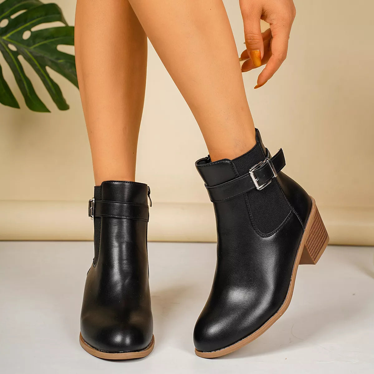 Point Toe Block Heels Boots - Black - View 7