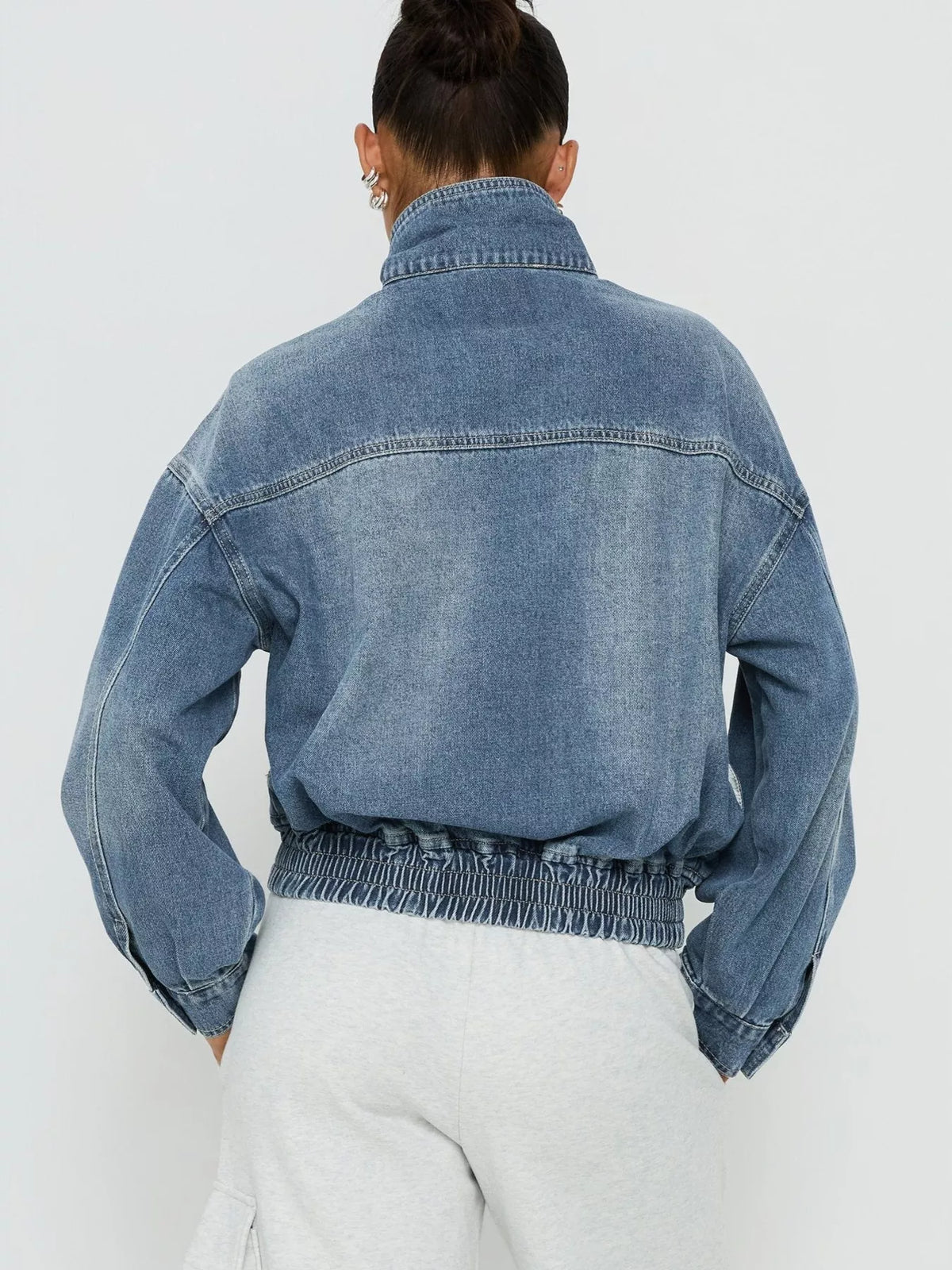 Washed Stand-Up Collar Denim Jacket - Blue - View 4