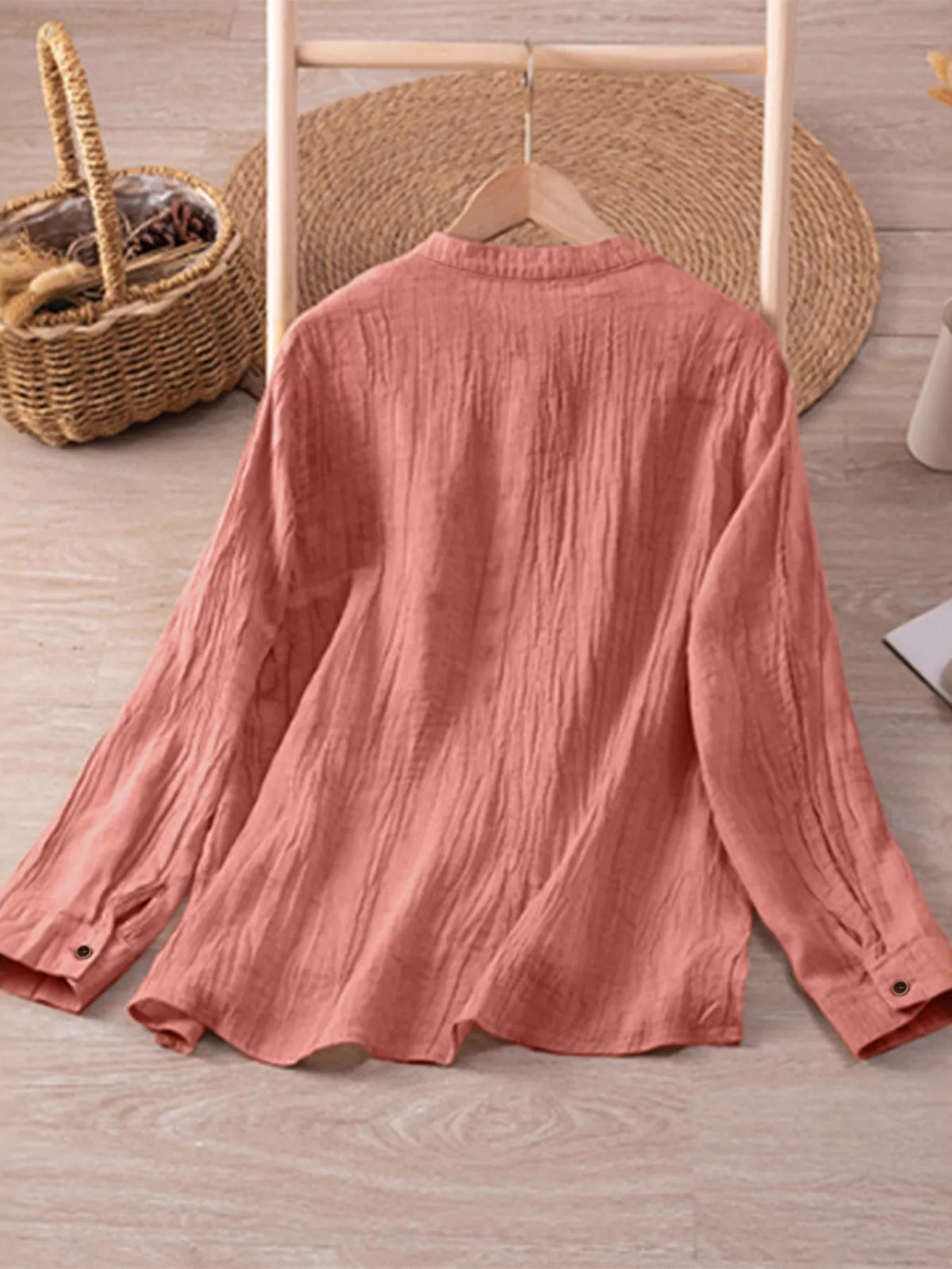 Textured Button-Down Shirt with Chest Pocket - Coral - View 4