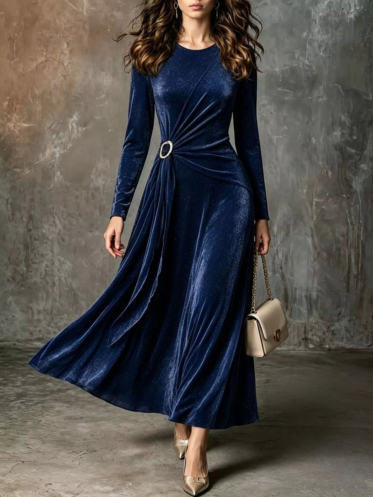 Full Size Velvet Long-Sleeve Maxi Dress with Ring Detail Plus Size - Dark Blue - View 1