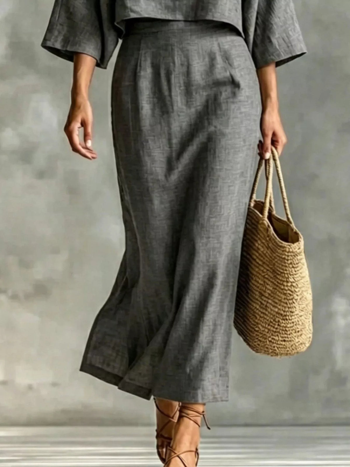 Full Size Solid Color Cropped Top and Midi Skirt Set Plus Size - Gray - View 3