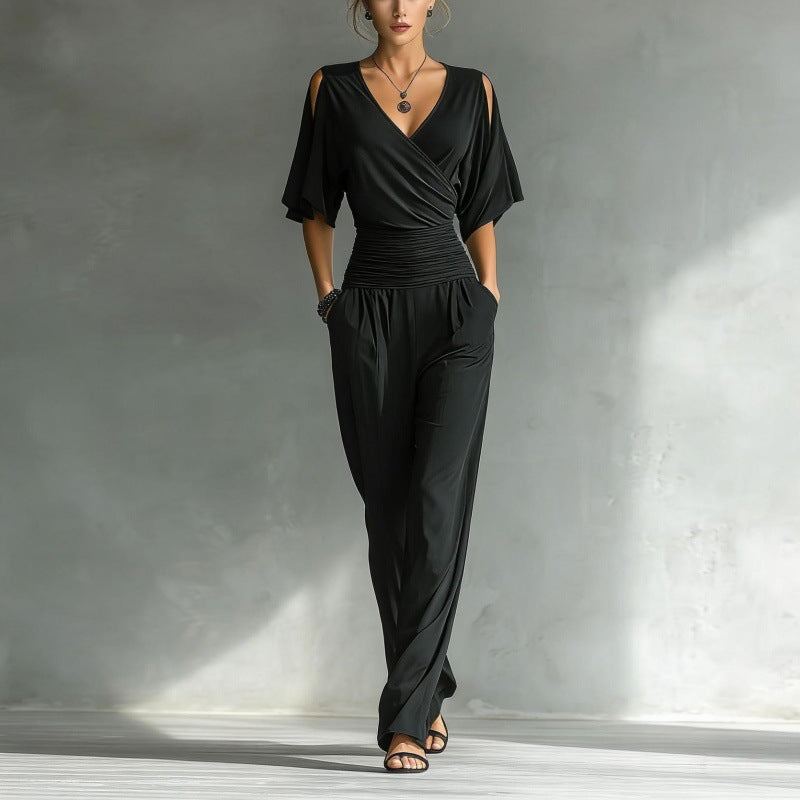 Chic Off-Shoulder V-Neck Fitted Jumpsuit for Women