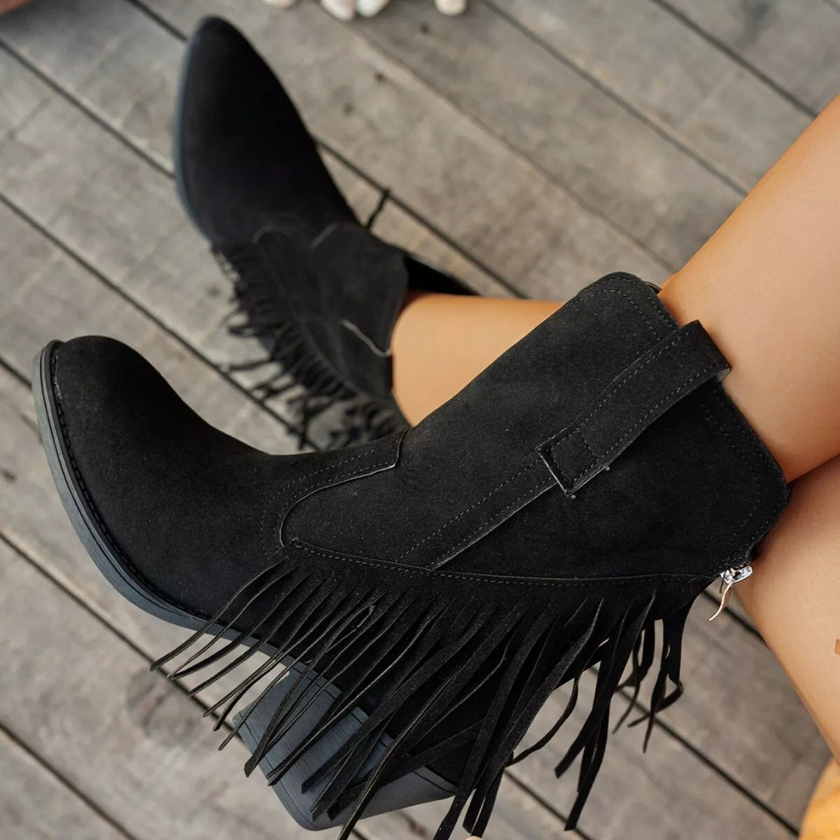 Fringe Block Heel Ankle Boots - Black - View 6