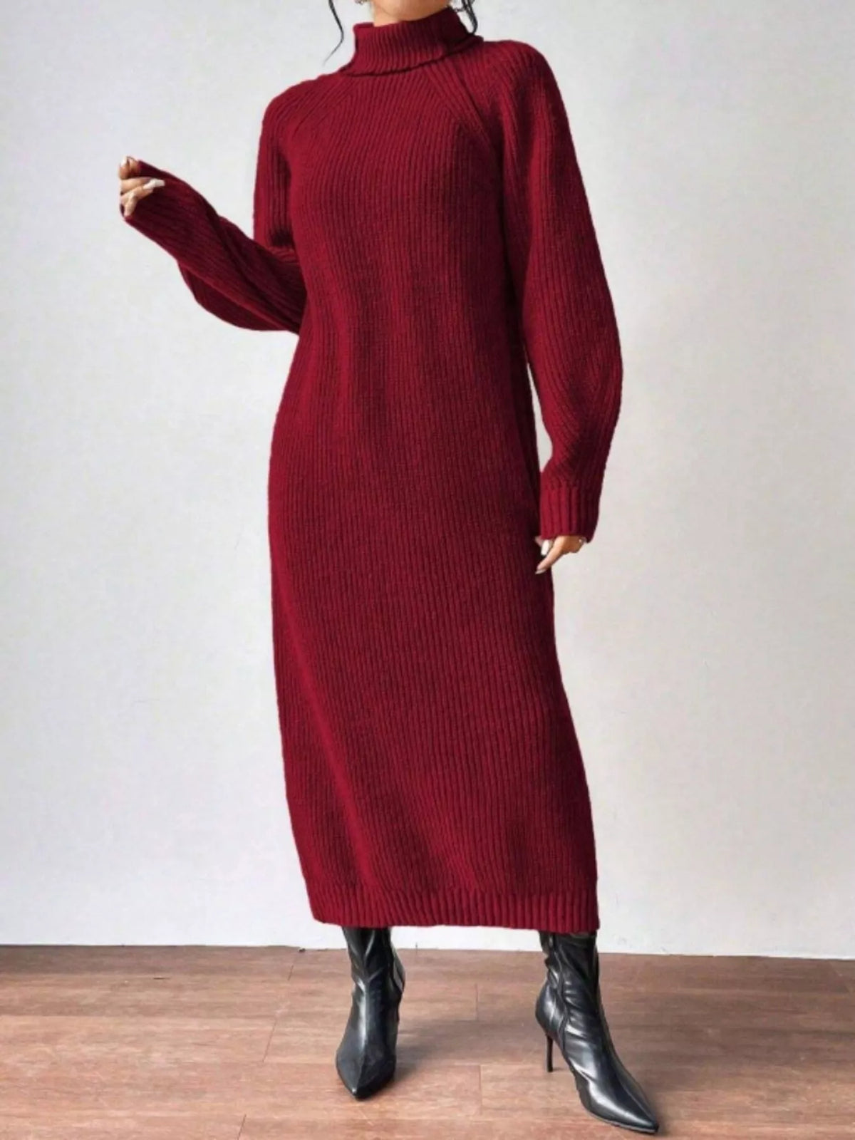 Turtleneck Ribbed Knit Midi Sweater Dress - Wine Red - View 1