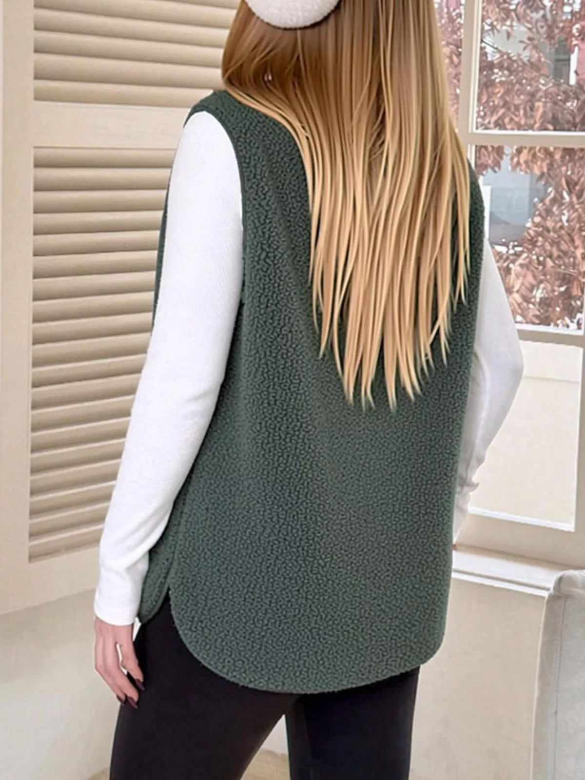 Sherpa Sleeveless Vest Coat - Dark Green - View 16
