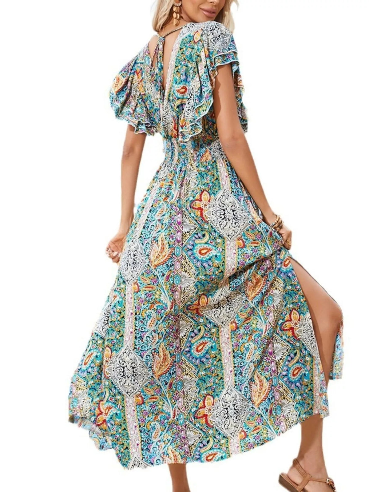 Paisley Print Flutter Sleeve Smocked Maxi Dress - Multicolor - View 4