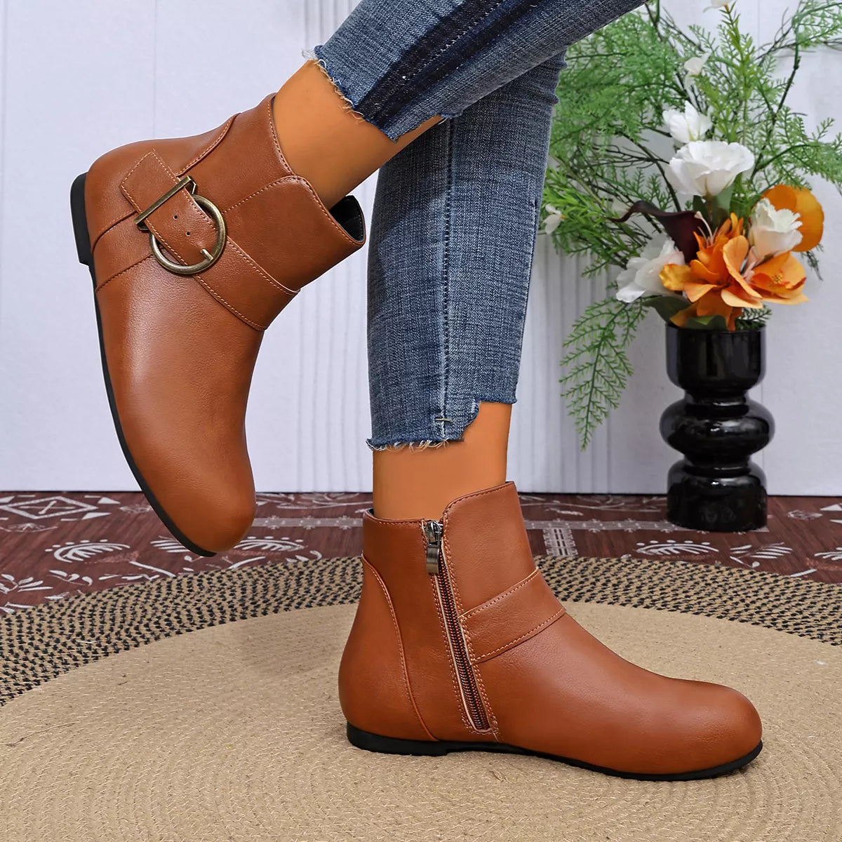Round Toe Ankle Boots - Brown - View 10