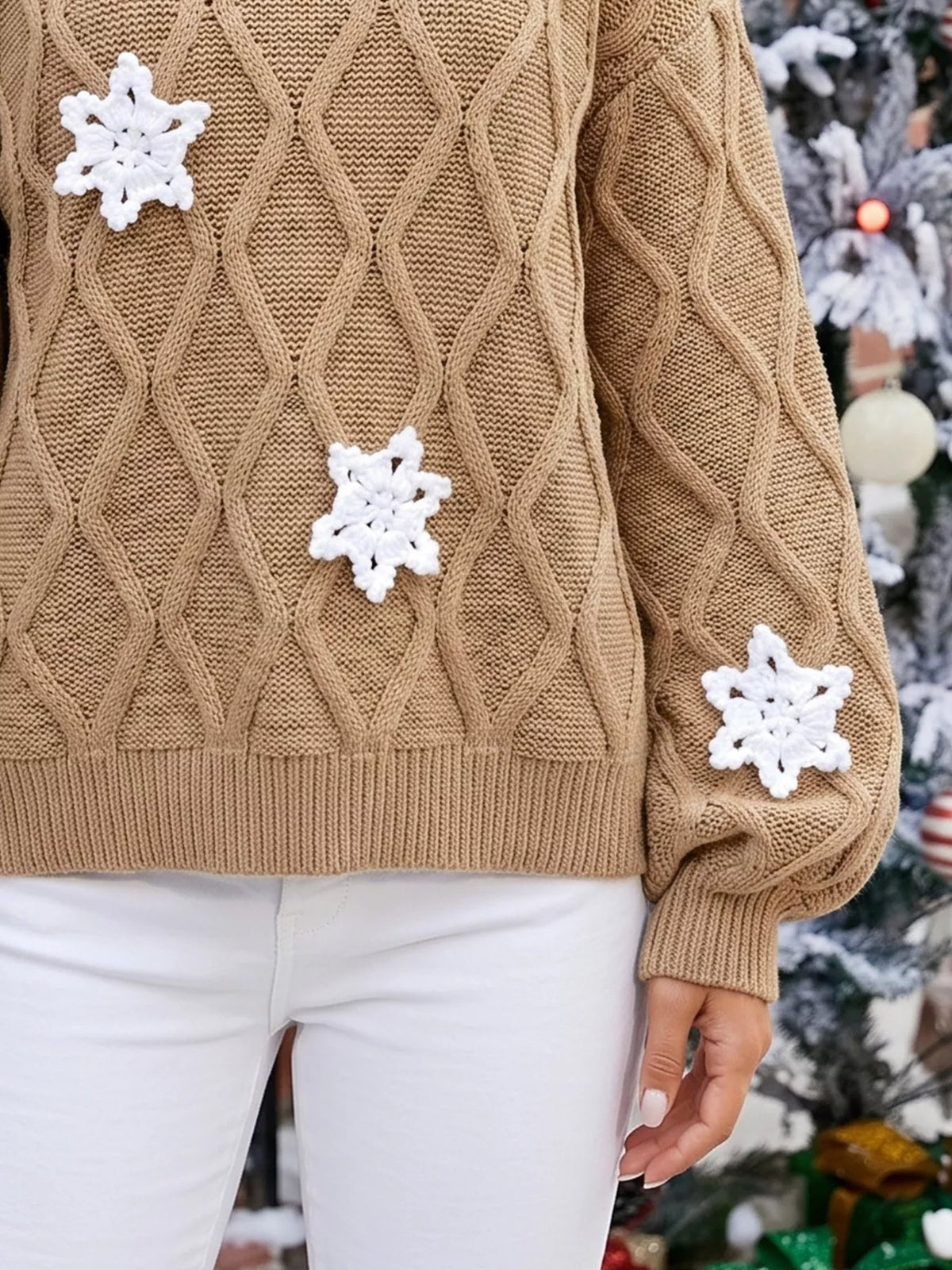 Snowflake Textured V-Neck Sweater - Khaki - View 4