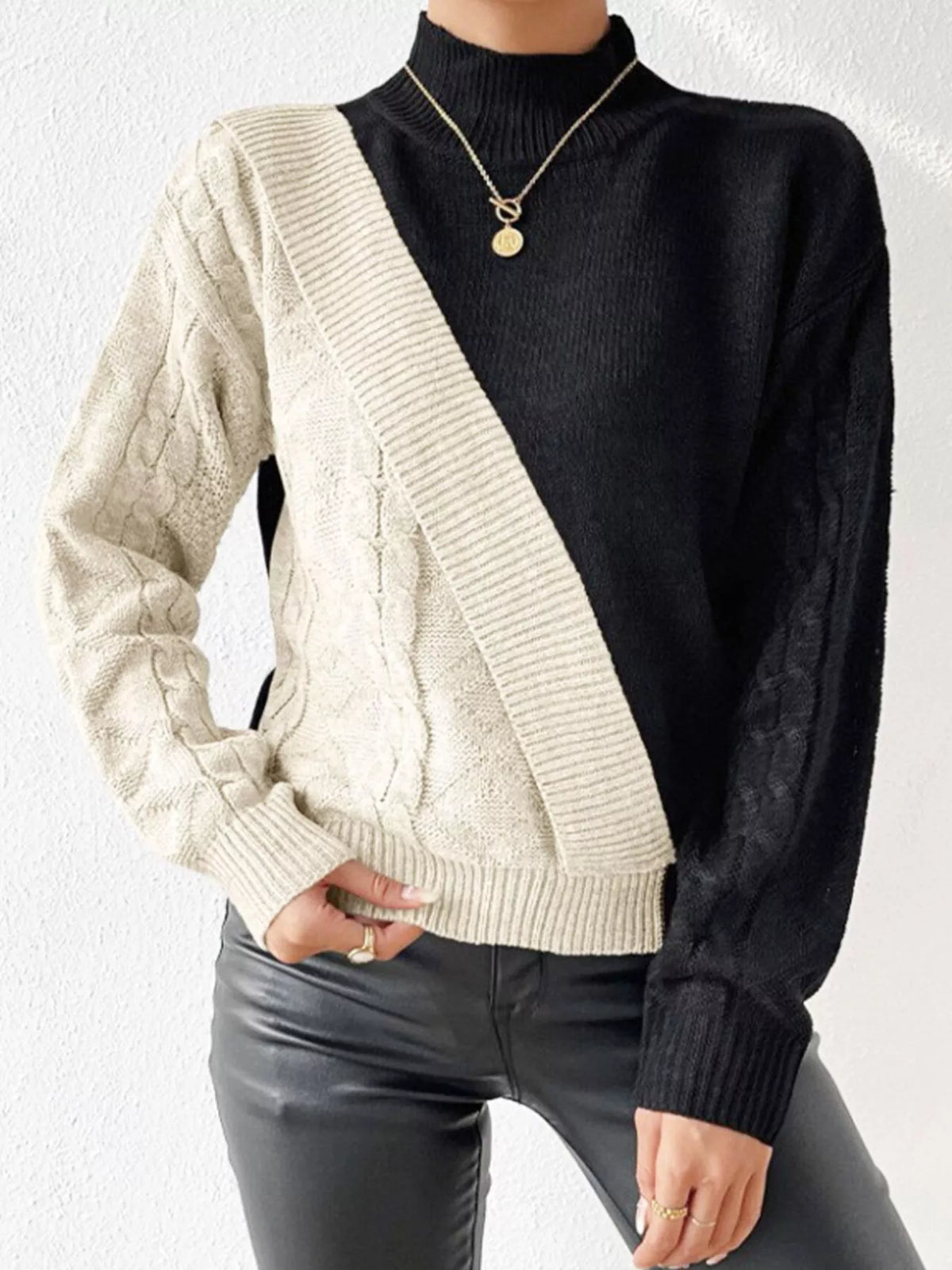 Color Block Cable Knit Mock Neck Sweater - Khaki - View 2