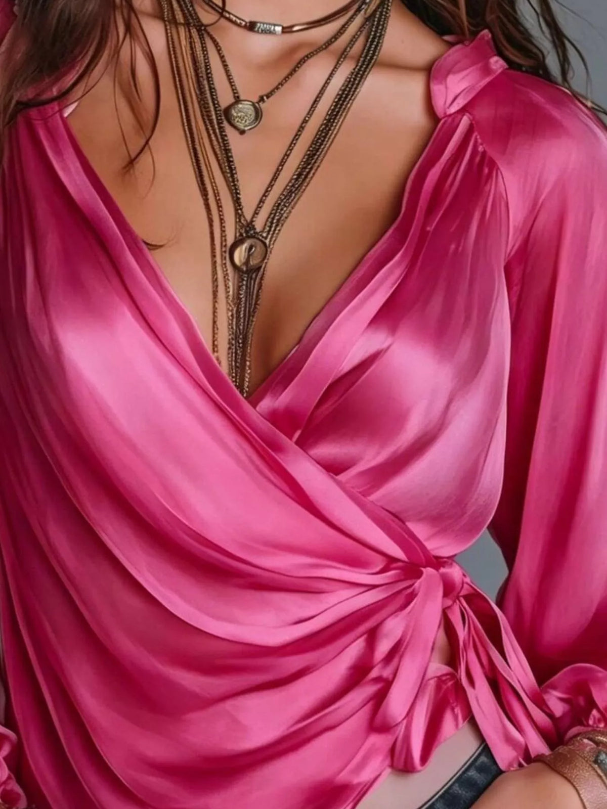 Satin Balloon Sleeve Blouse - Cerise - View 19
